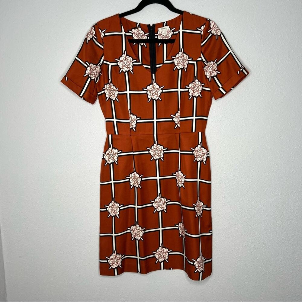 Fossil Rust Printed Silk Knee Length Short Sleeve Dress Womens size 4